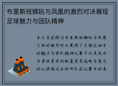 布里斯班狮吼与凤凰的激烈对决展现足球魅力与团队精神